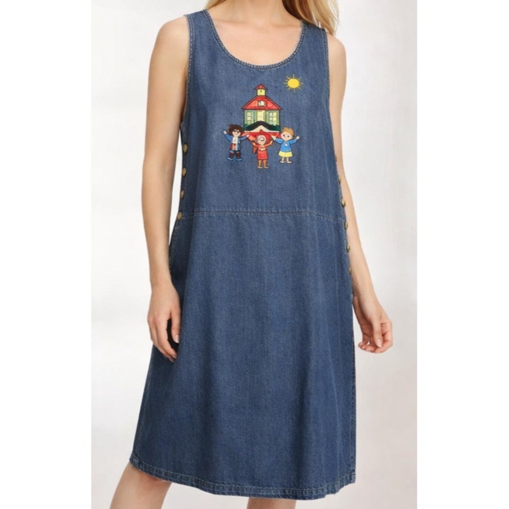 Bechamel Blue Denim Sleeveless Jumpsuit with Colorful Cartoon Patch